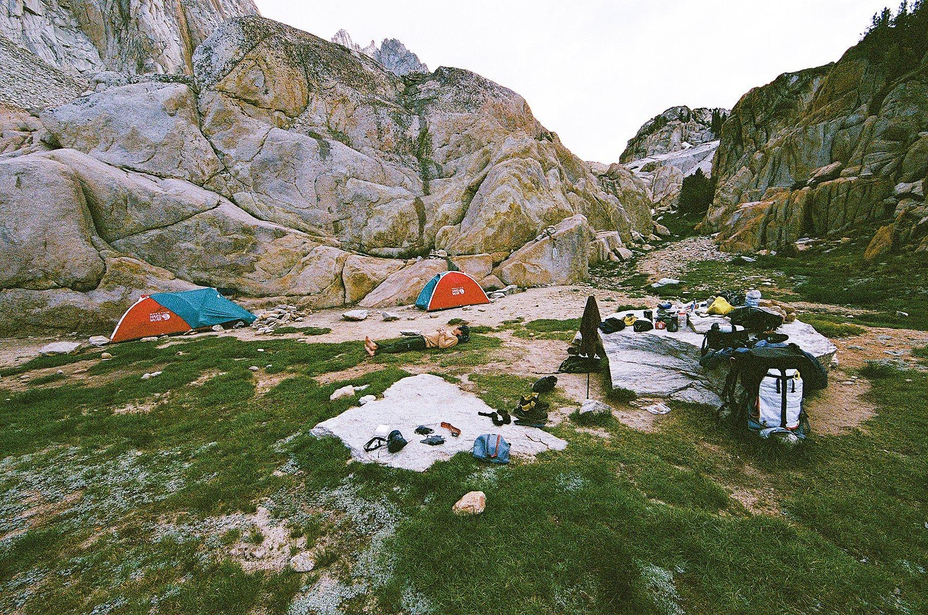 View of the campsite, Casey relaxing in the middle of the shot.
