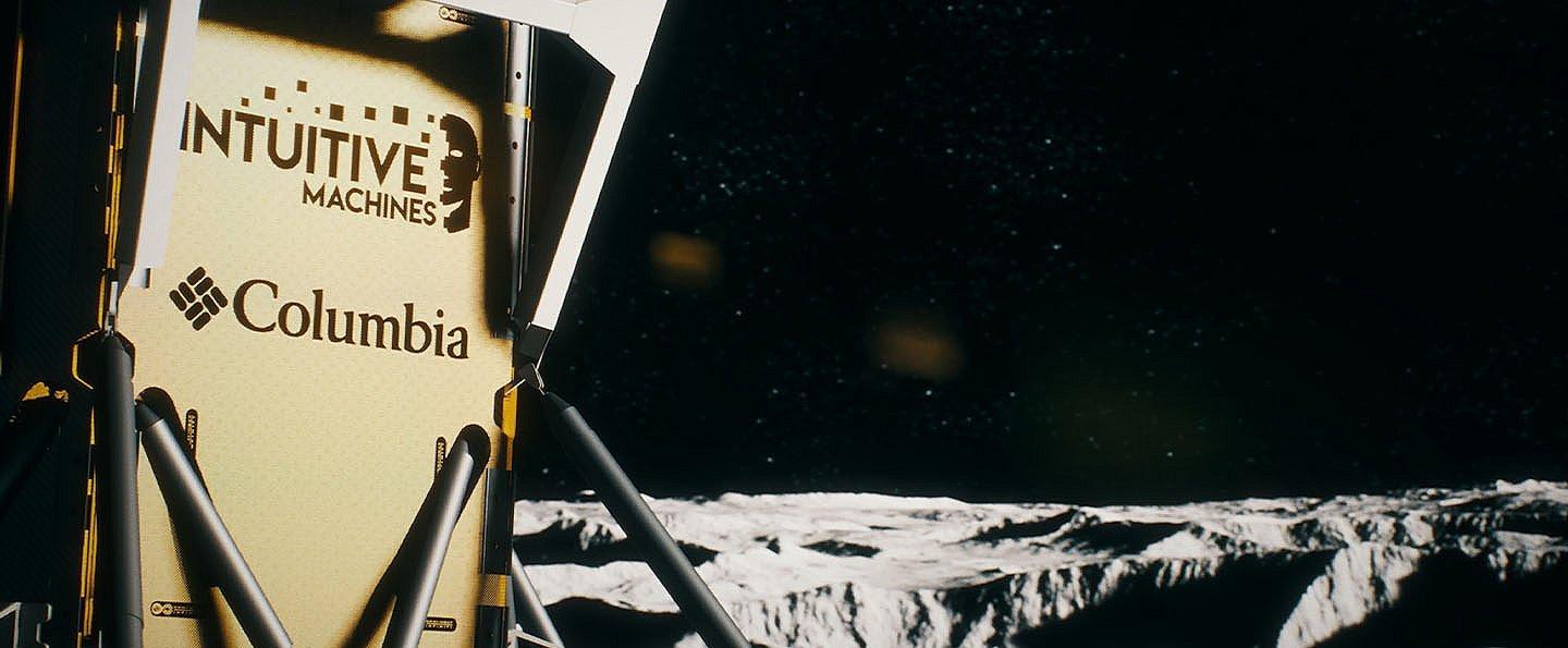 An portion of the Nova-C lunar lander in pictured with Columbia Sportswear and Intuitive Machines logos.  