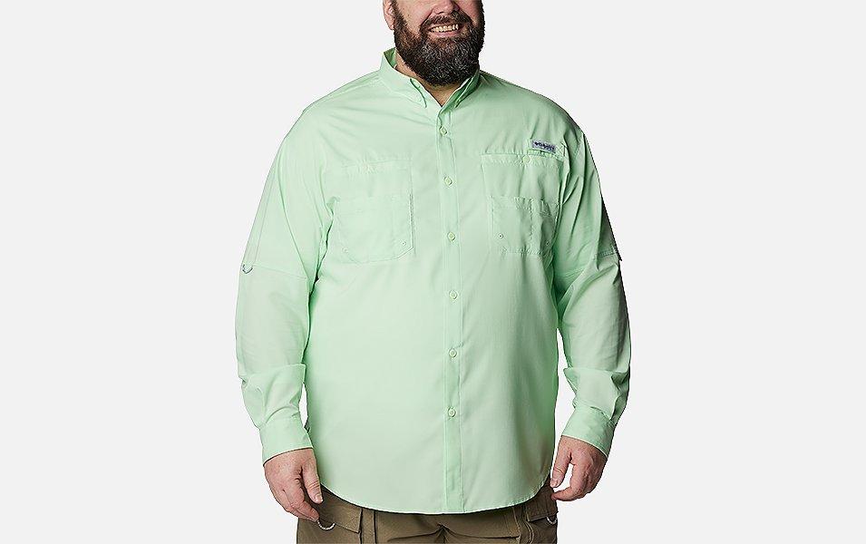 A product shot of Columbia Sportswear’s Men’s PFG Tamiami II long sleeve shirt set against a white background. 