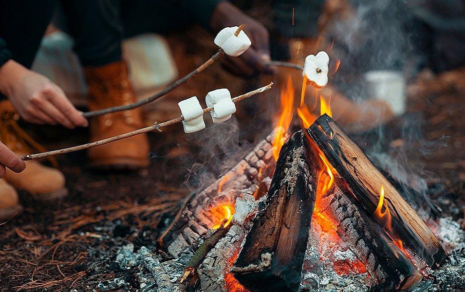 Campers toast marshmallows around a tipi-style campfire with glowing embers.