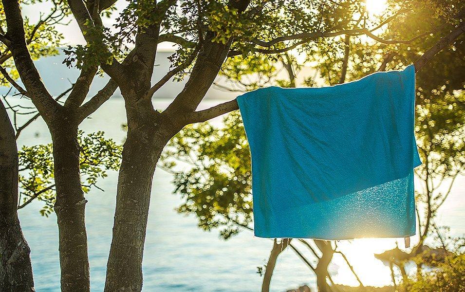 A blue camping towel hangs in the sunlight from a tree with a scenic lake in the background.