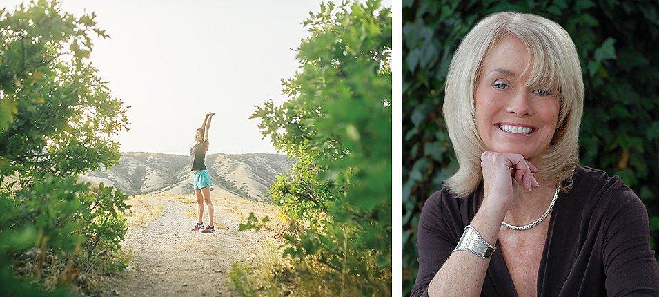 Women stretching on a bluff. Close up of Dr. Patricia Hasbach.