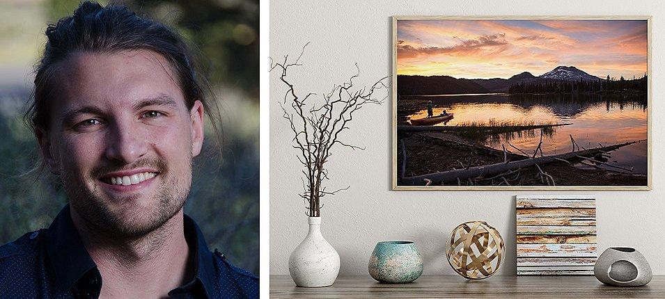 Close up of Dr. Ryan Reese. Miscellaneous items on a table top and a hanging sunset picture. 