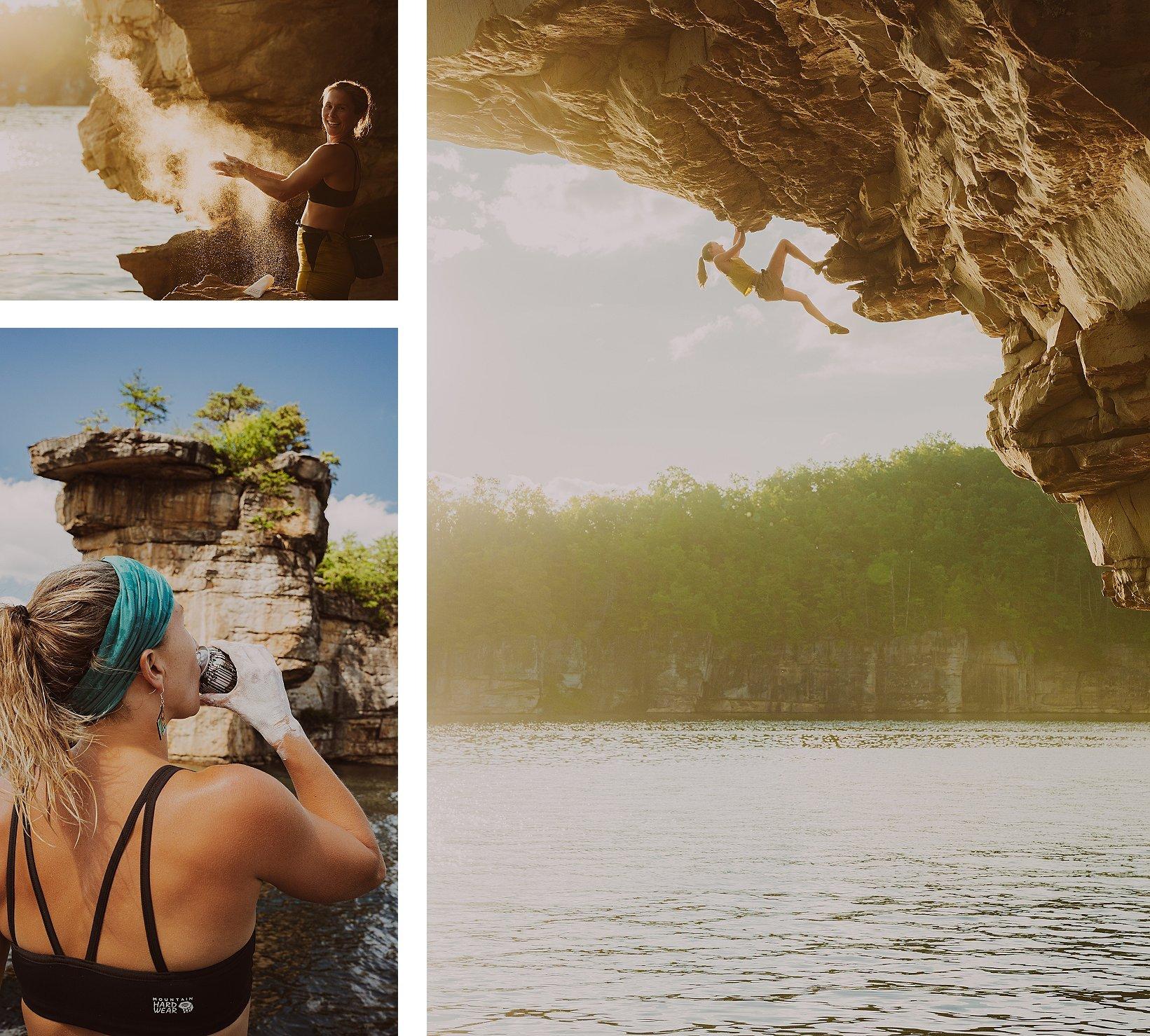 Kelly La Cava chalking up & drinking a brew. Rebekah Mull climbing left off of Rat Race (12A).