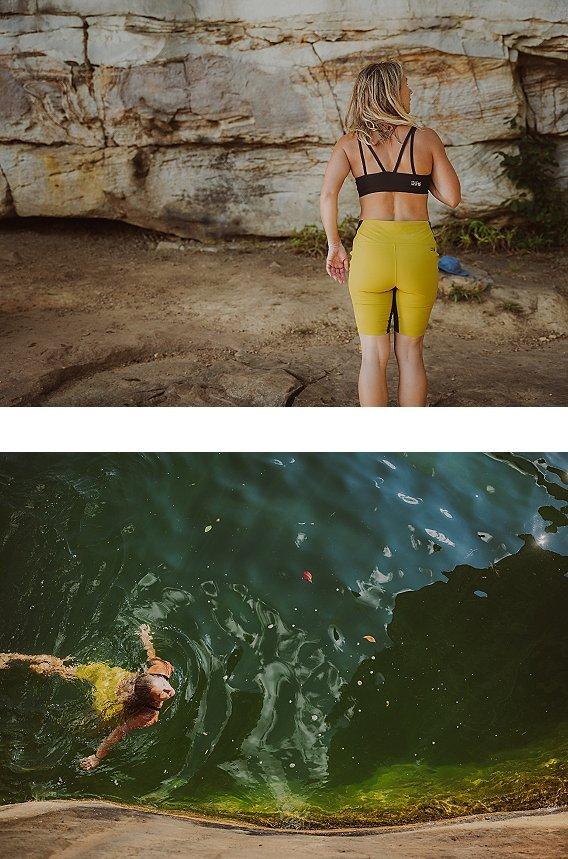 Kelly La Cava looks at the rock in the top image and swims in the water in the bottom image.