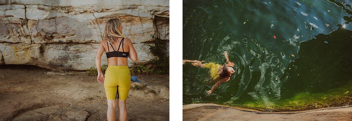Kelly La Cava looks at the rock in the top image and swims in the water in the bottom image.