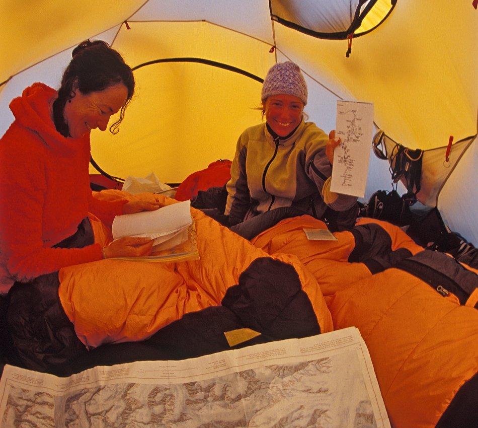 Sue Nott and Karen McNeill in a tent during an expedition.
