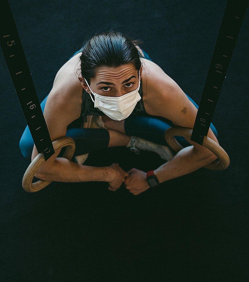 Kyra stretching looking up at camera