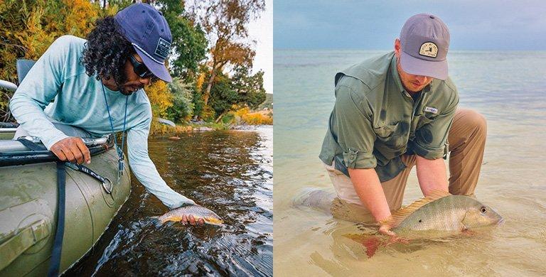 Side-by-side photos show anglers, one fresh water fishing and the other in salt water. Both men are practicing catch-and-release techniques. 