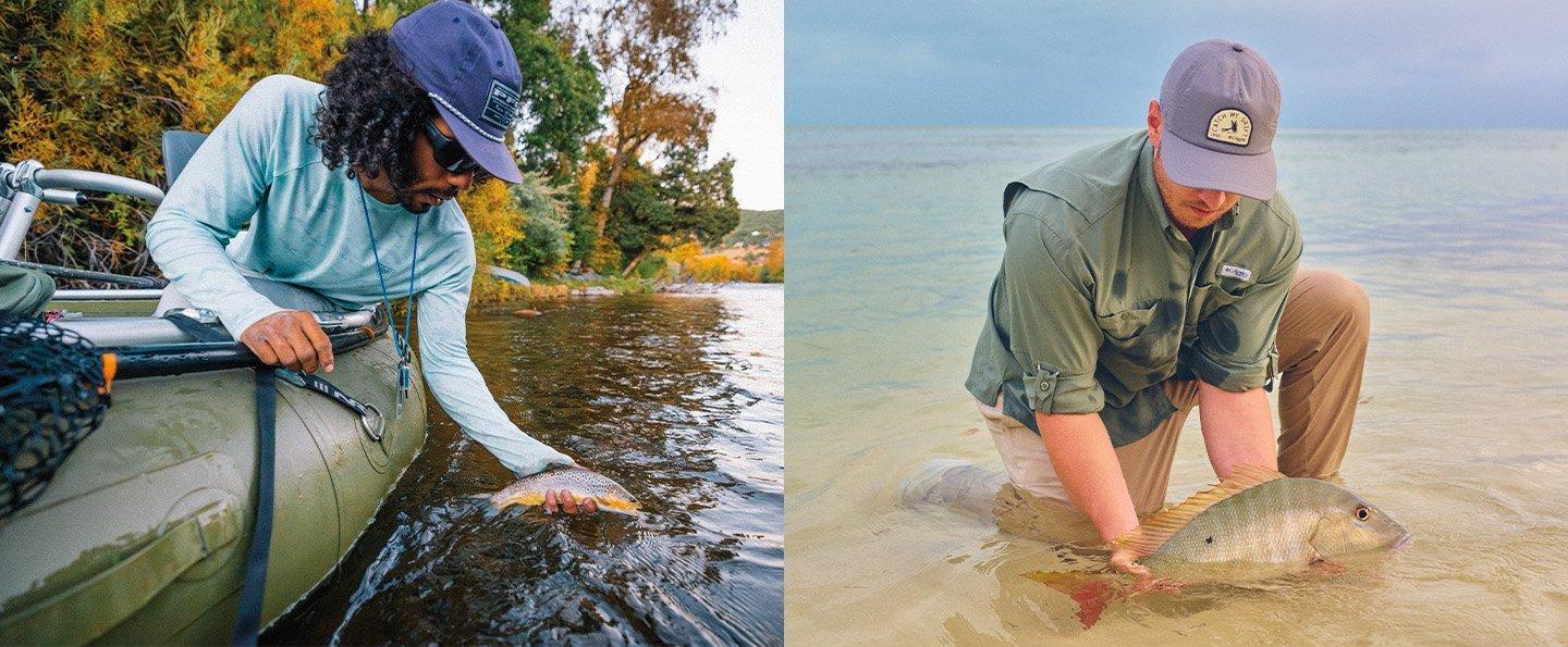 Side-by-side photos show anglers, one fresh water fishing and the other in salt water. Both men are practicing catch-and-release techniques. 