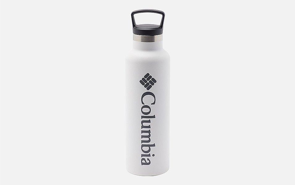 A product shot of stainless steel Columbia Sportswear water bottle set against a white background.
