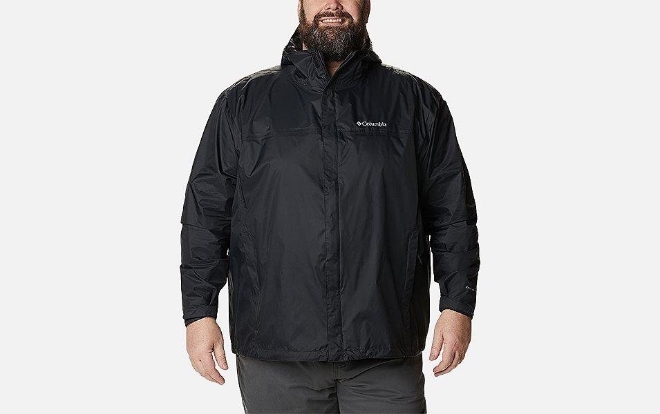 A product shot of a man wearing a black Columbia Sportswear rain jacket  set against a white background. 

