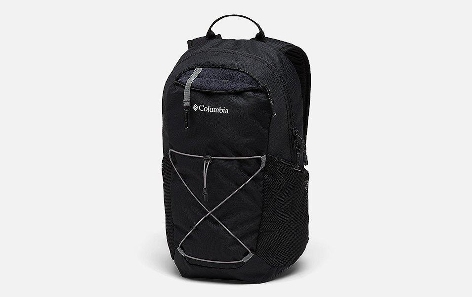 A product shot of a black Columbia Sportswear hiking backpack set against a white background.
