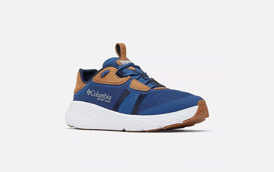 Product shot of Columbia Sportswear’s Men’s PFG Slack Tide Lace shoe set against a white background. 