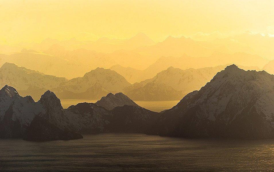 Snowy mountain sunset. 
