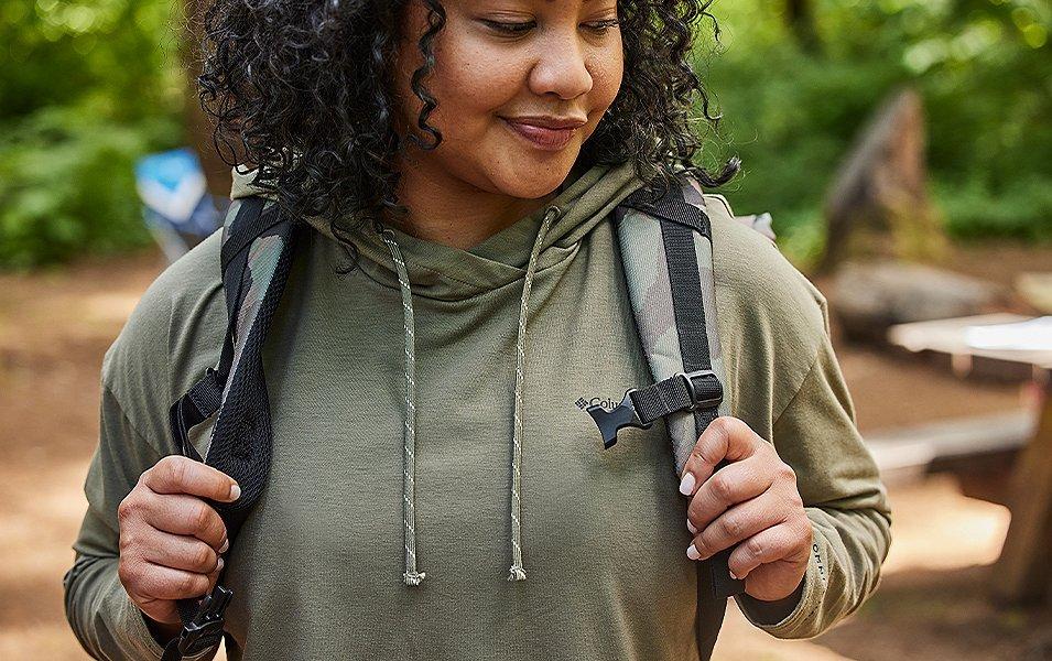 Closeup of woman in a campground. 