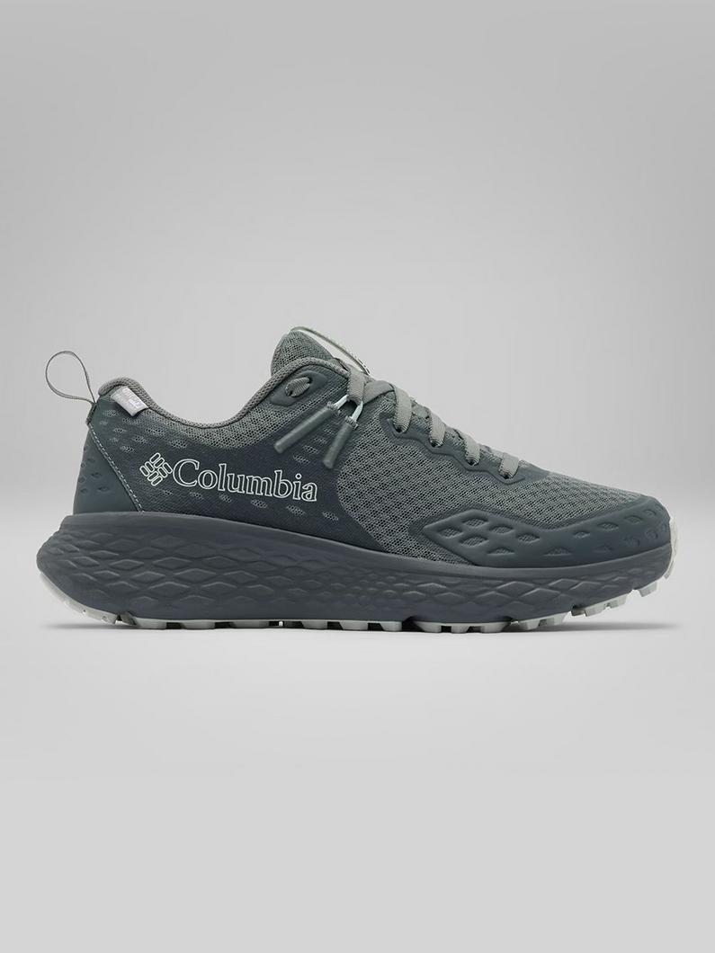Dark green athletic trail running shoe with textured mesh upper, cushioned midsole, and rugged outsole.
