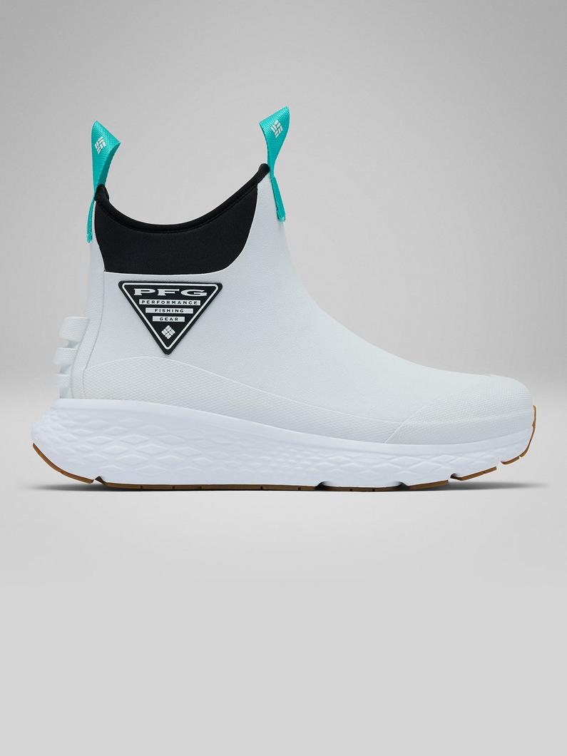 White slip-on performance fishing shoe with black neoprene collar, teal pull tabs, and gum rubber sole.