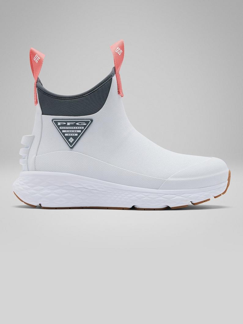White waterproof ankle boot with gray collar, coral pull tabs, and brown rubber sole.