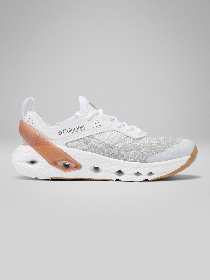 White athletic sneaker with gray mesh upper, coral accent on heel, and distinctive cushioned sole.