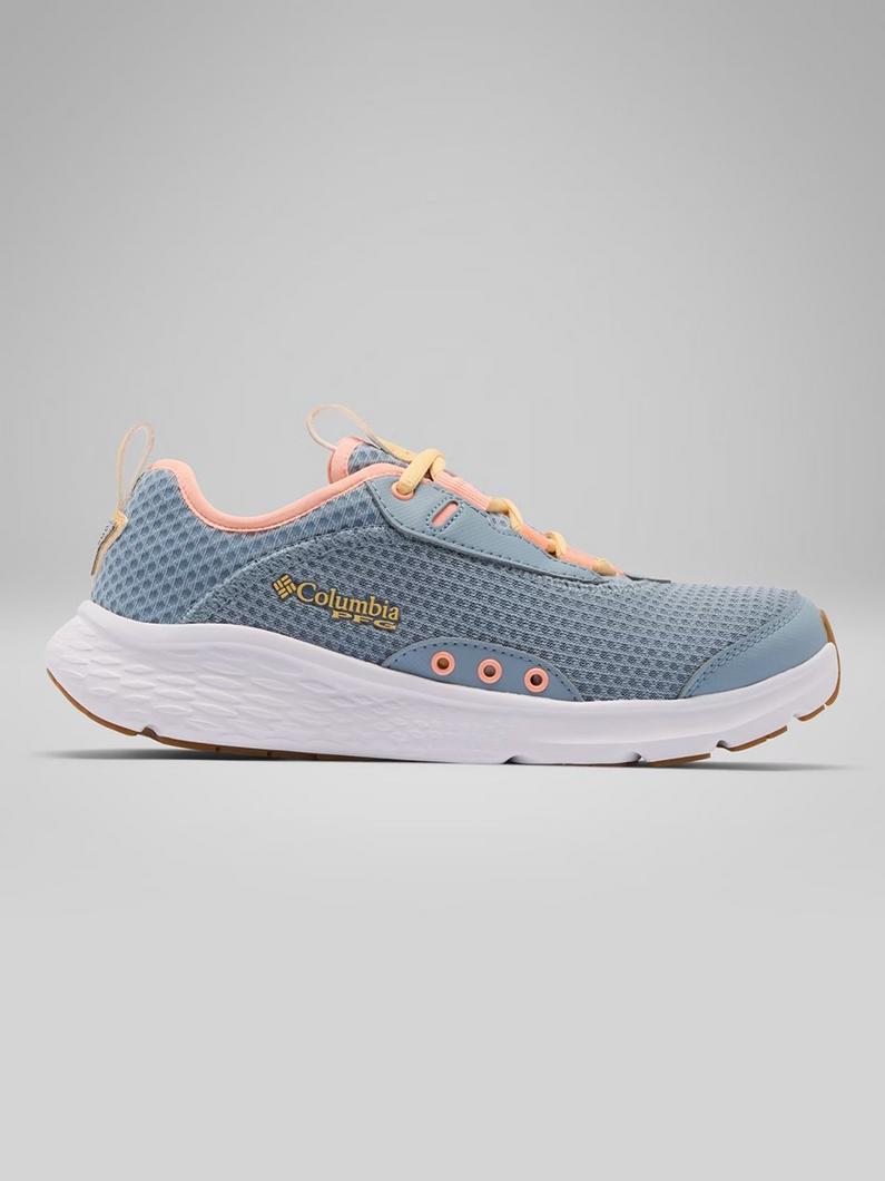 Athletic sneaker with blue mesh upper, peach accents, white midsole, and brown outsole.