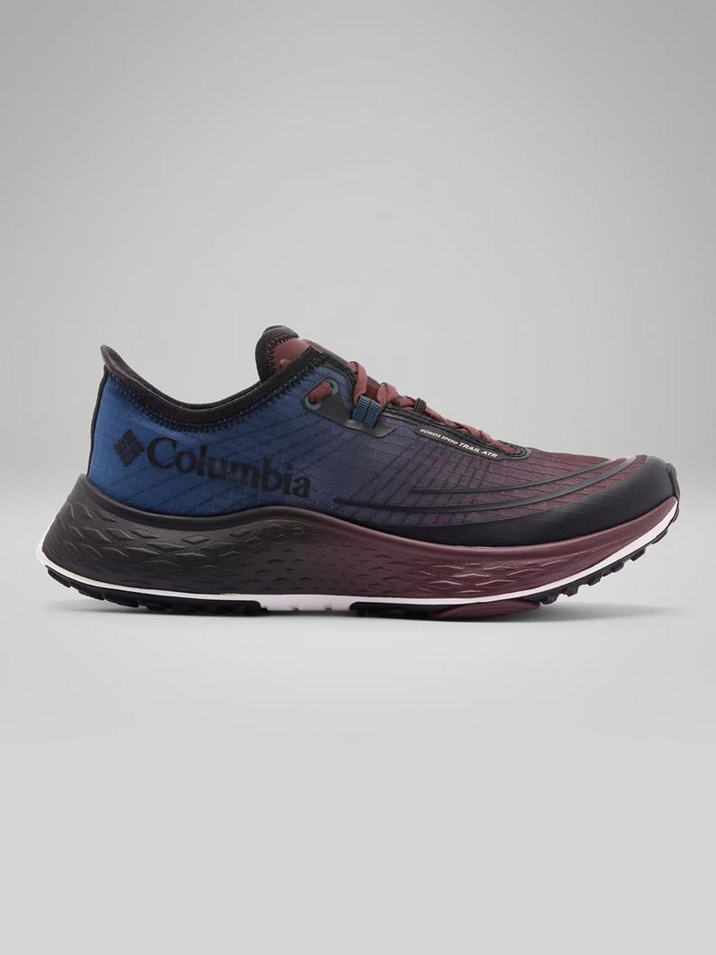 Athletic running shoe in blue and burgundy gradient with textured upper and toggle lacing system.