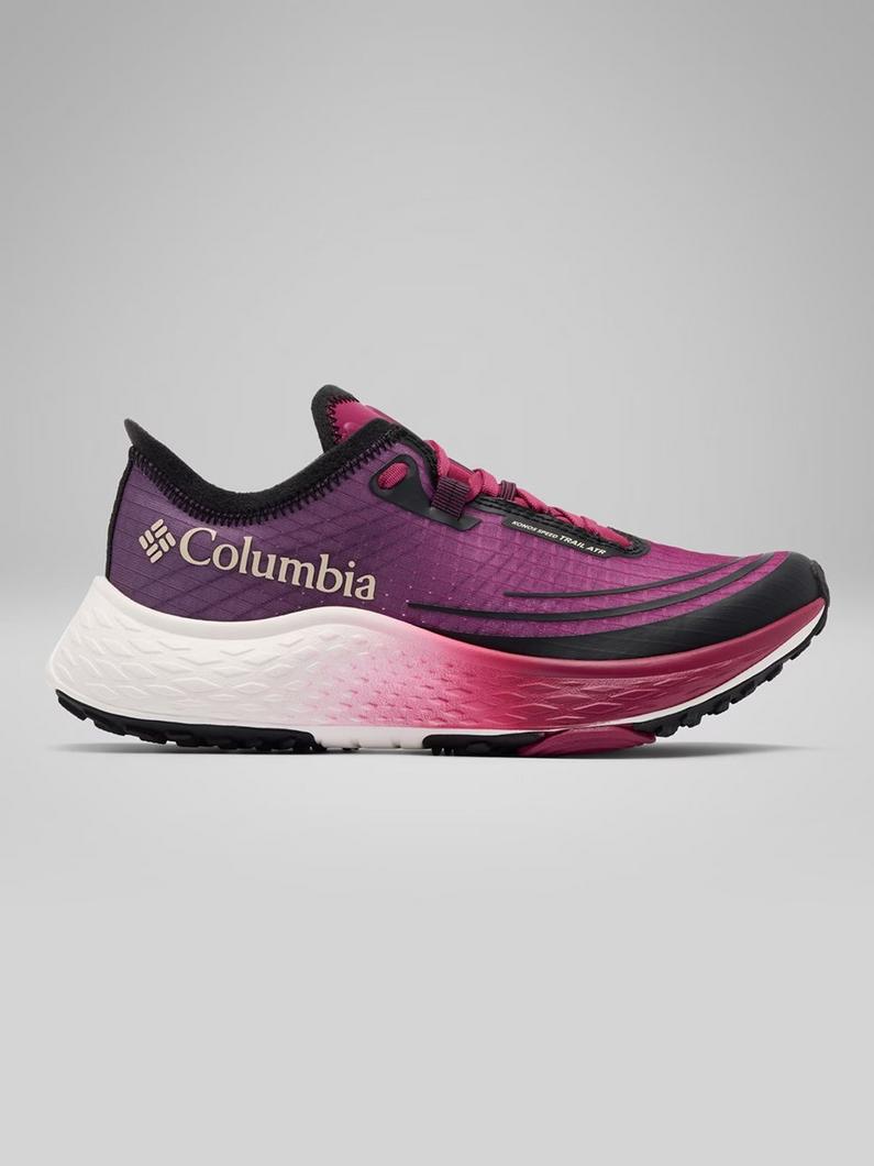 Athletic running shoe in purple and pink gradient with white midsole and black accents.