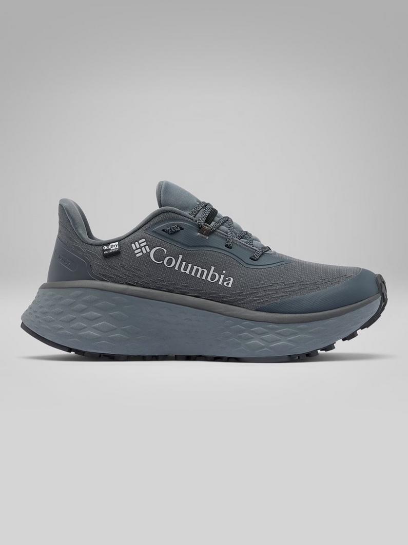 Dark gray athletic running shoe with textured upper, thick cushioned sole, and lace-up closure.