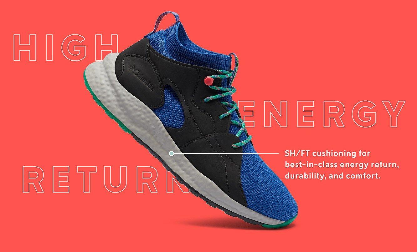 A blue and black SHFT sneaker. High Energy Return.