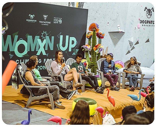View of a panel discussion with Nikki Smith and others at the 2019 Woman Up event.