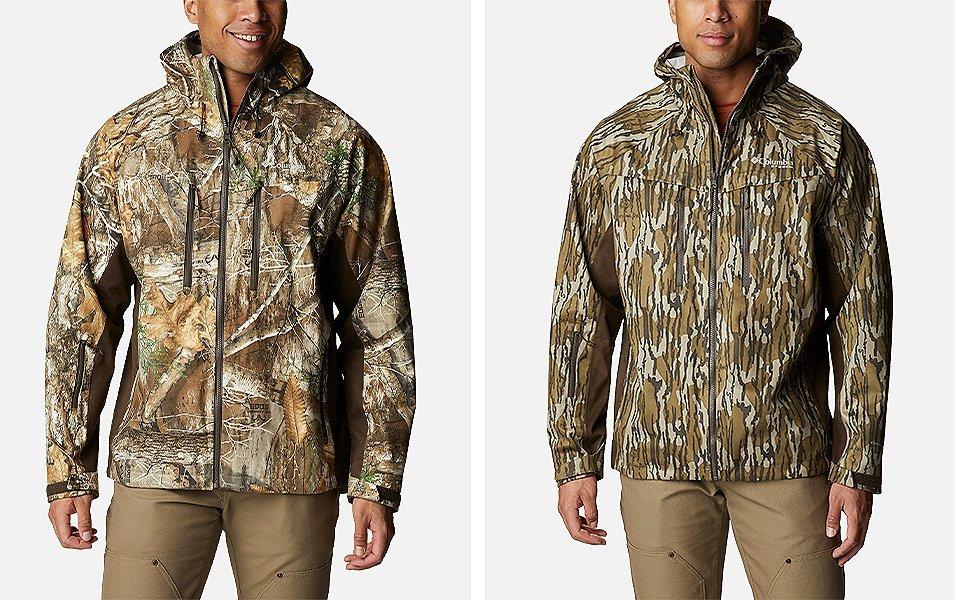 Une image côte à côte des vestes Columbia Sportswear avec la veste Realtree à gauche et la veste Mossy Oak à droite.