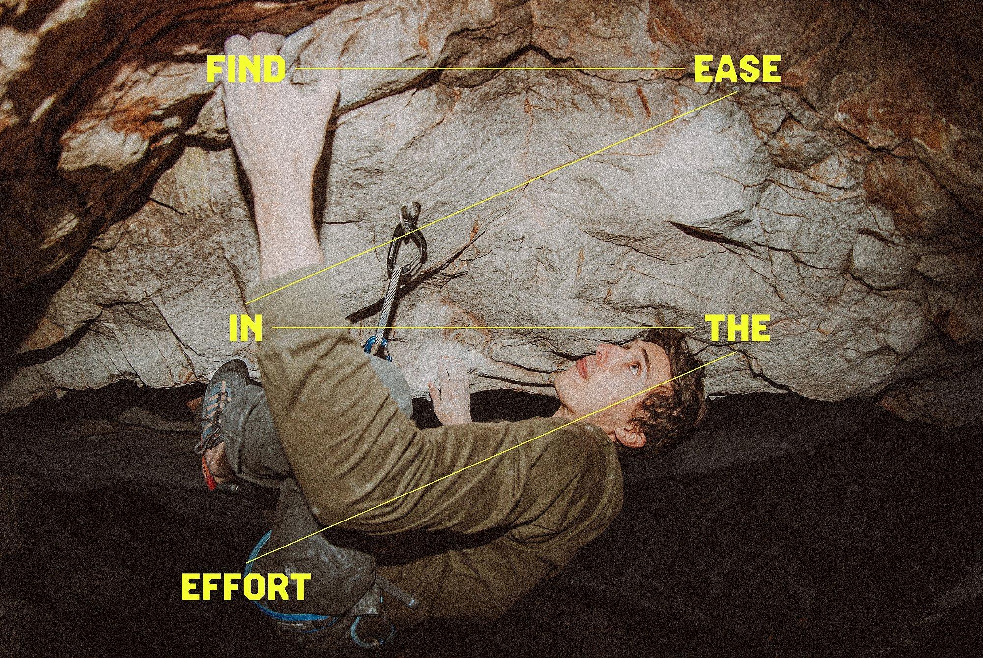 FIND EASE IN THE EFFORT graphic overlaid on an image of MHW Athlete Jesse Grupper climbing at night.