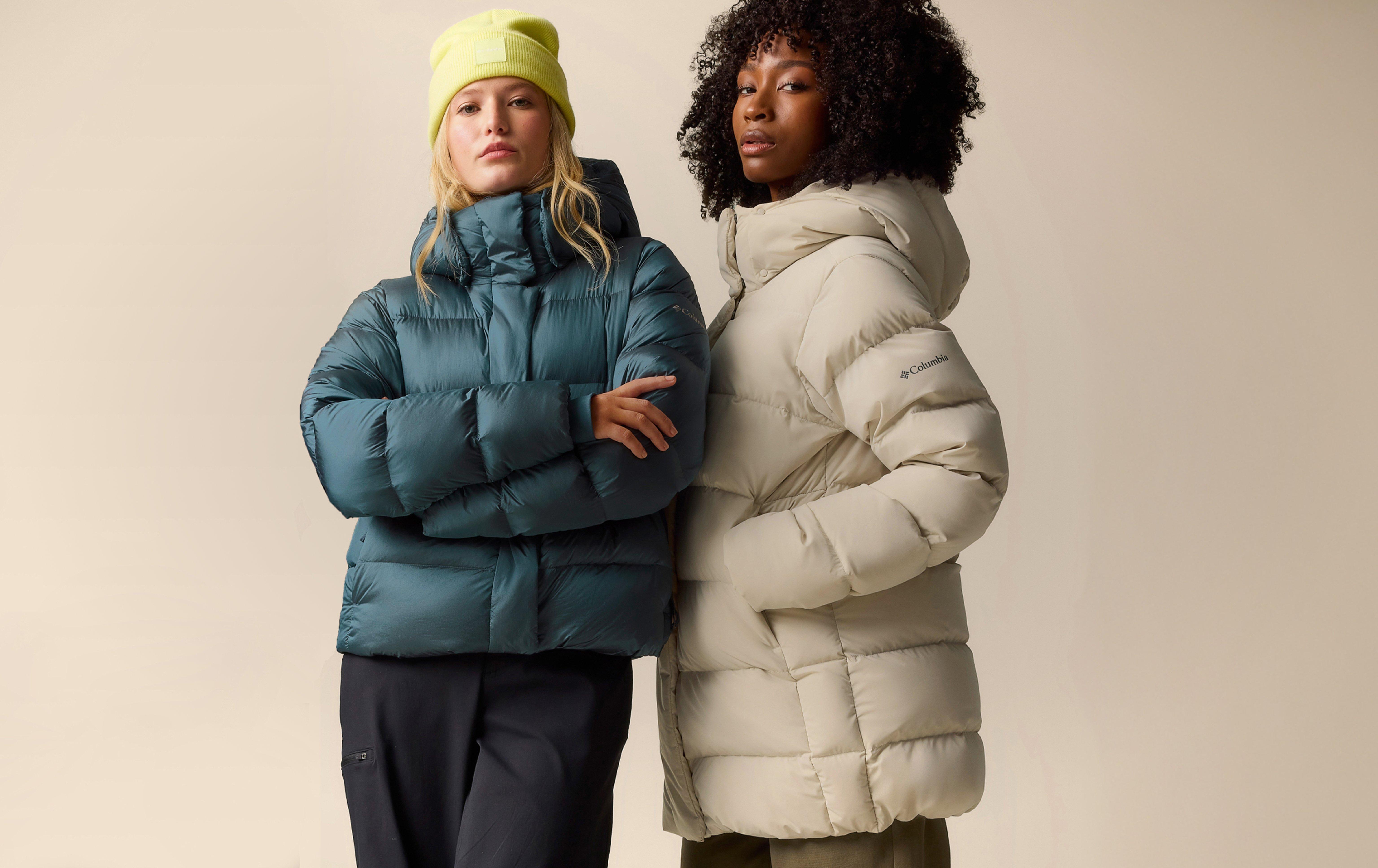 Two women, one in the shiny blue Amaze Puff, one in the white matte color.