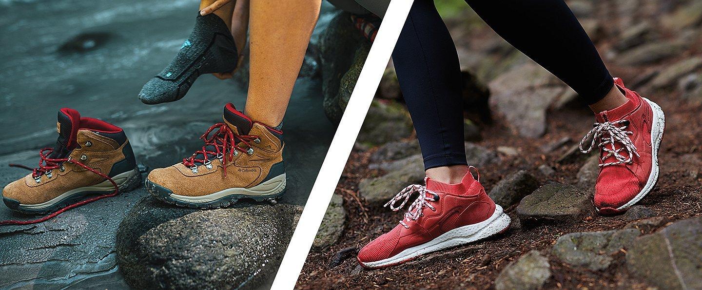 Someone removing Newton Ridge hiking boots next to a river. Someone hiking in SHFT sneakers.