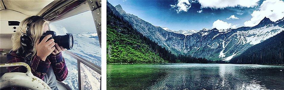 A woman taking a photo. A mountain lake.