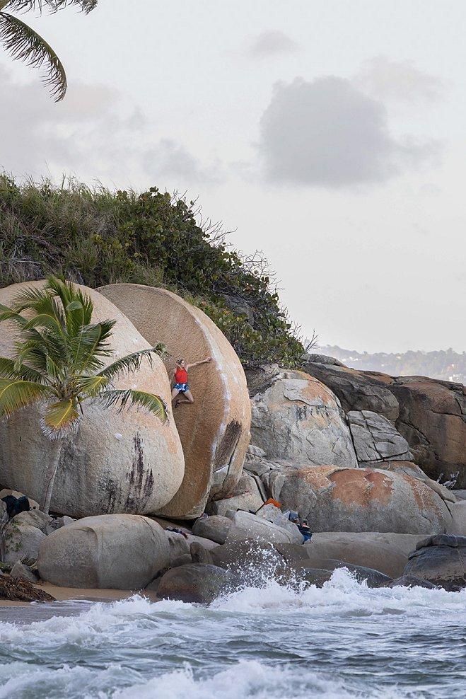 Kyra climbing on the beaches of Puerto Rico.