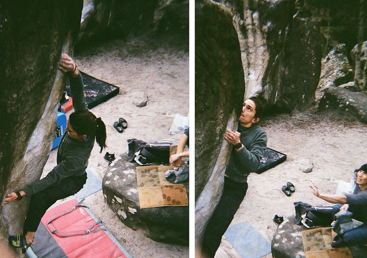 Kyra trying hard with the nuanced technique that fontainebleau bouldering demands.