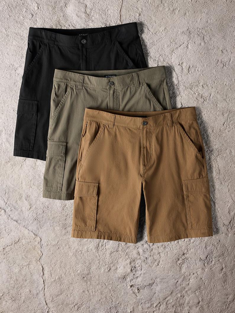 Three cargo shorts with utility pockets displayed in black, olive green, and tan colors.