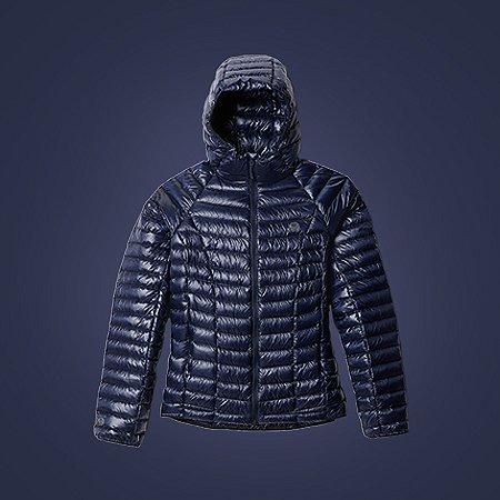 Navy Ghost Whisperer UL Jacket overlaid on a navy background with light blue glow