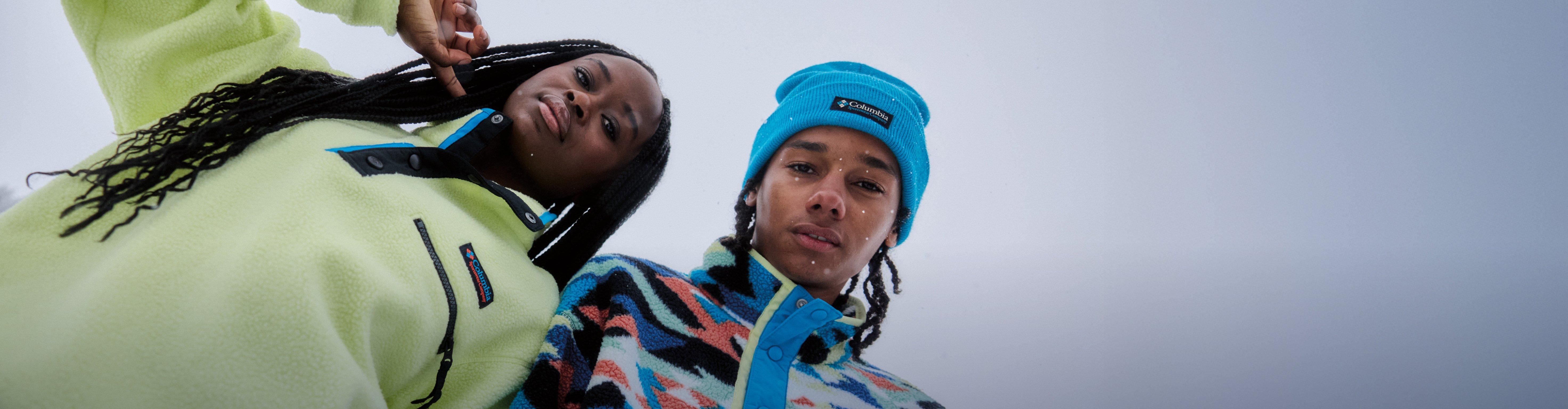 Woman and Man in Icons fleece.