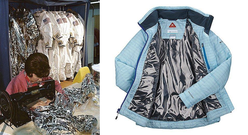 A NASA seamstress working with reflective material and an original Omni-Heat jacket.