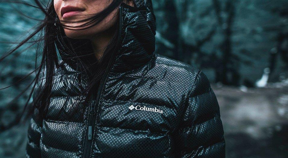 A woman in an Omni-Heat Black Dot jacket.