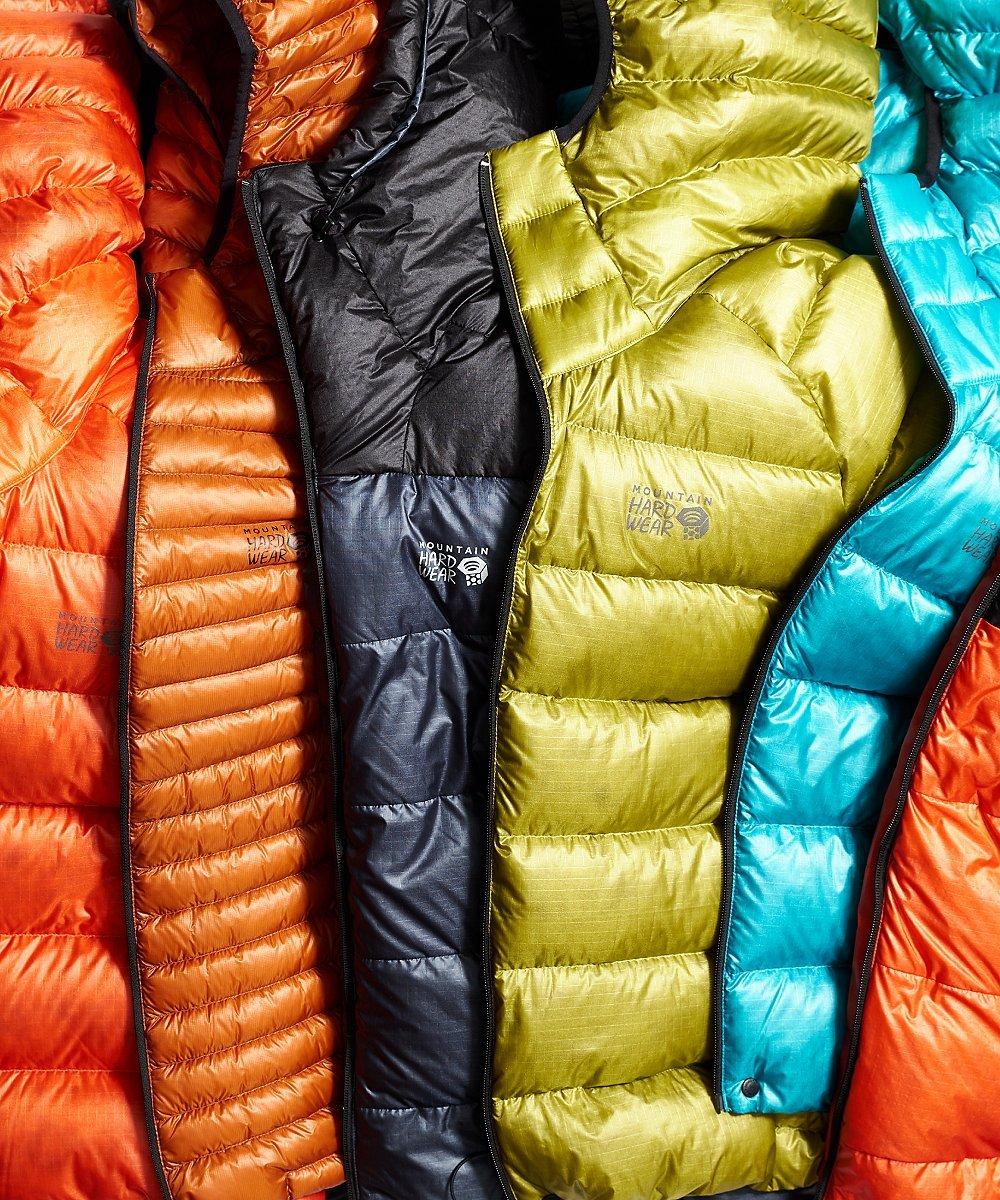 Texture close up shot of several down and synthetic jackets.