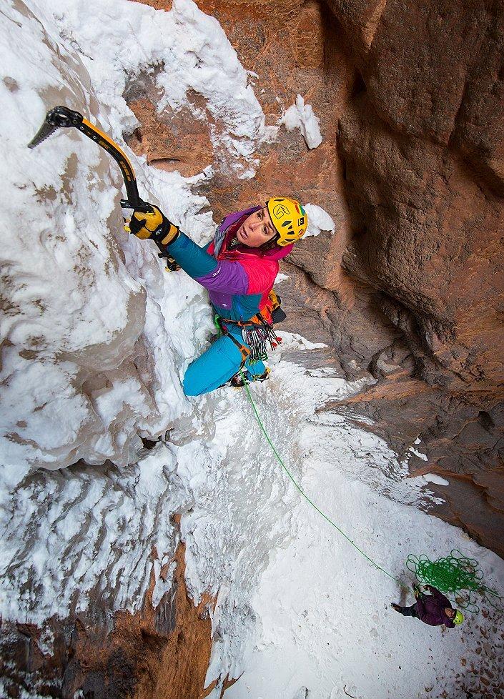 Nikki Smith ice climbing.