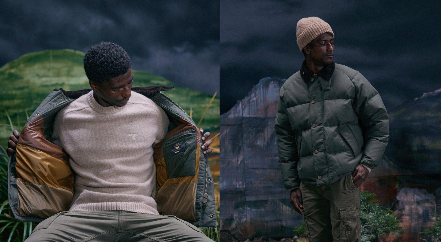 SOREL X BARBOUR Models wearing the jacket on a nature background