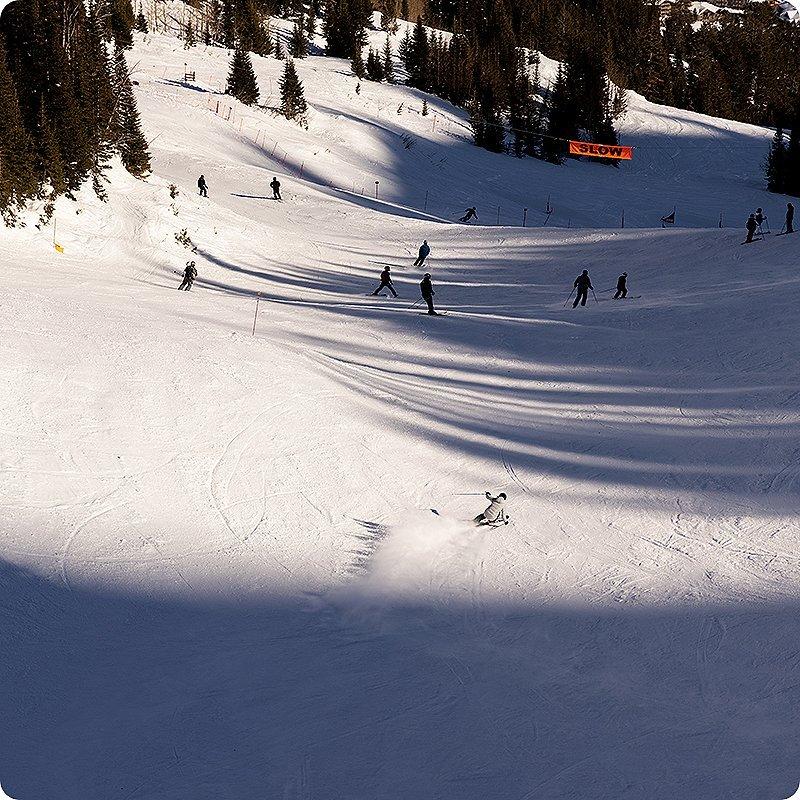 birds eye view of skiing on a run