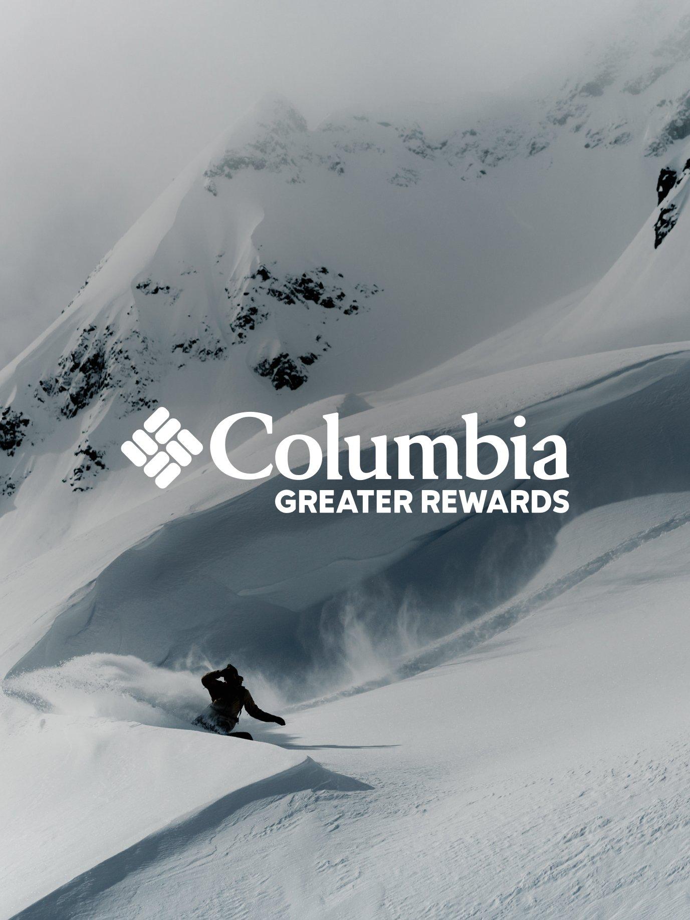 Columbia Greater Rewards logo over a snowy scene with a snowboarder.
