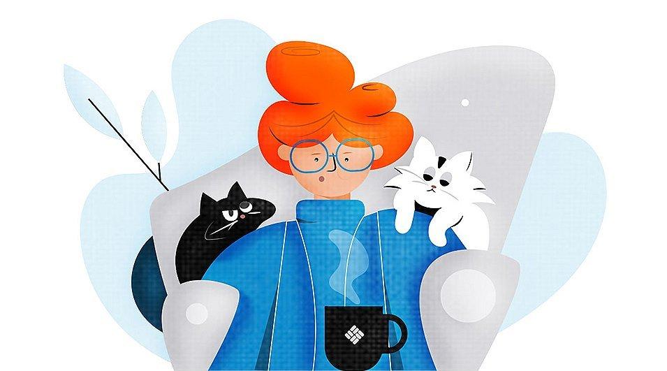 Illustration of a cat lady with coffee.