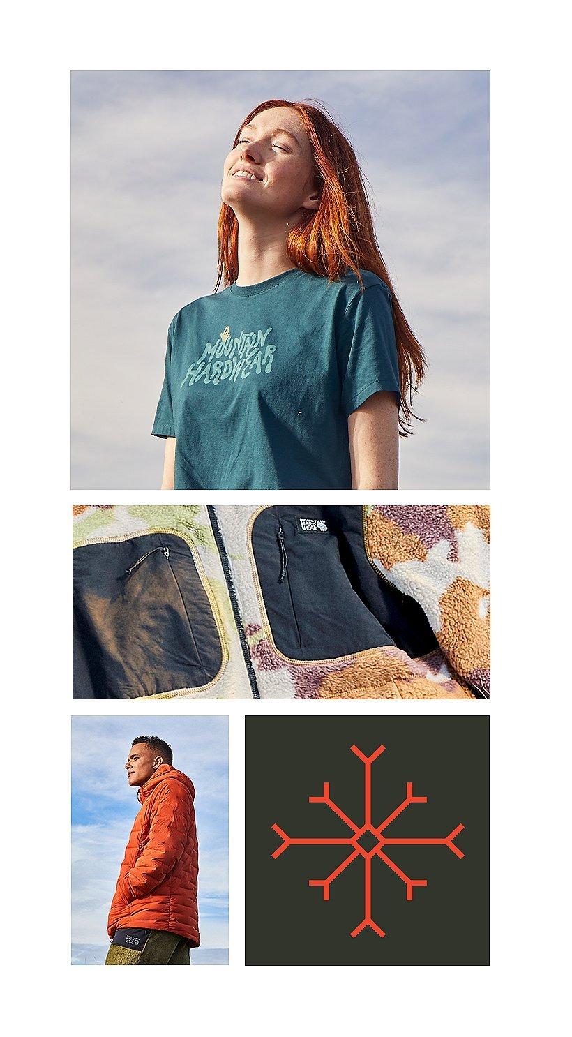 Collage of detail shot of a HiCamp Fleece Hoody, Snowflake Icon on dark background, portrait of Cole wearing a Stretchdown Hoody, and portrait of Sarah in a crop top. 2022 Gift Guide written on the side of collage.