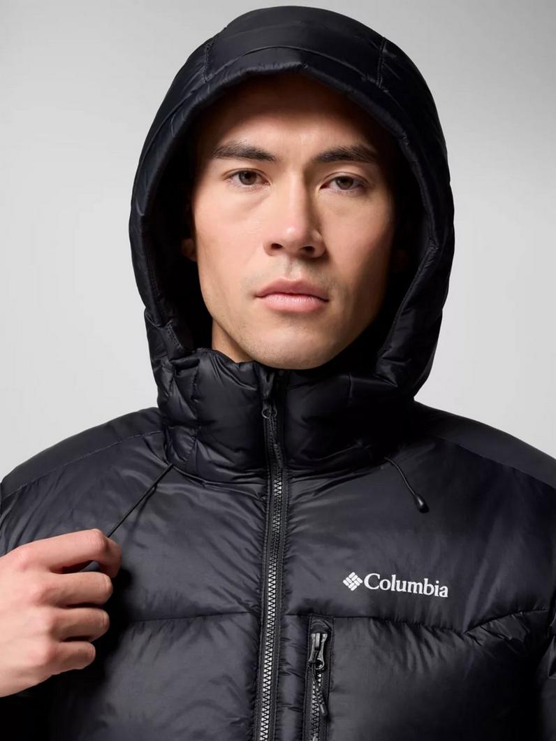 Black Cloudview jacket with the hood up.